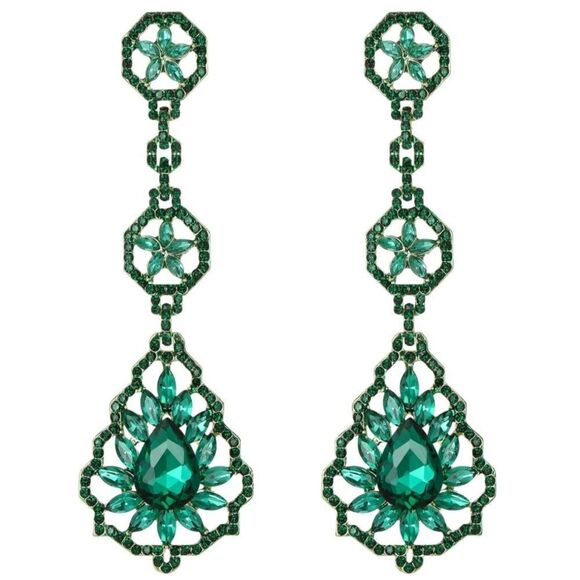 Yellow Gold with Emerald Austrian Crystal Flower Teardrop Chandelier Earrings